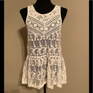 Express Womens Large Sleeveless Lace Top Nylon Cotton Embroidered Ivory